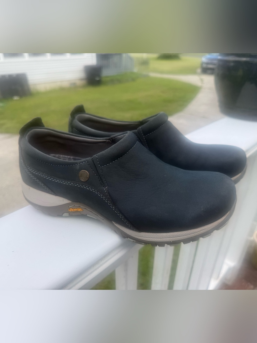 Dansko Slip-On Leather Clog in Dark Blue Leather with Cream Sole